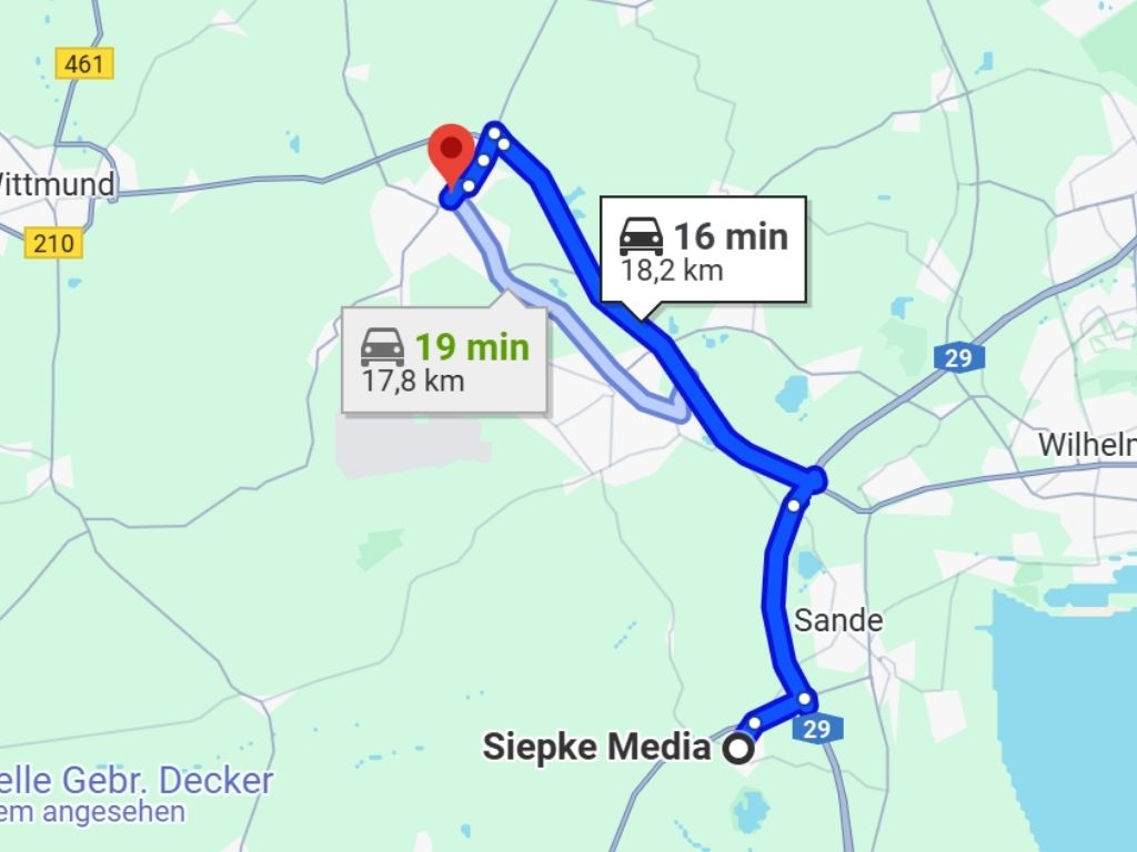 Fahrtstrecke von Siepke Media in Sande nach Jever