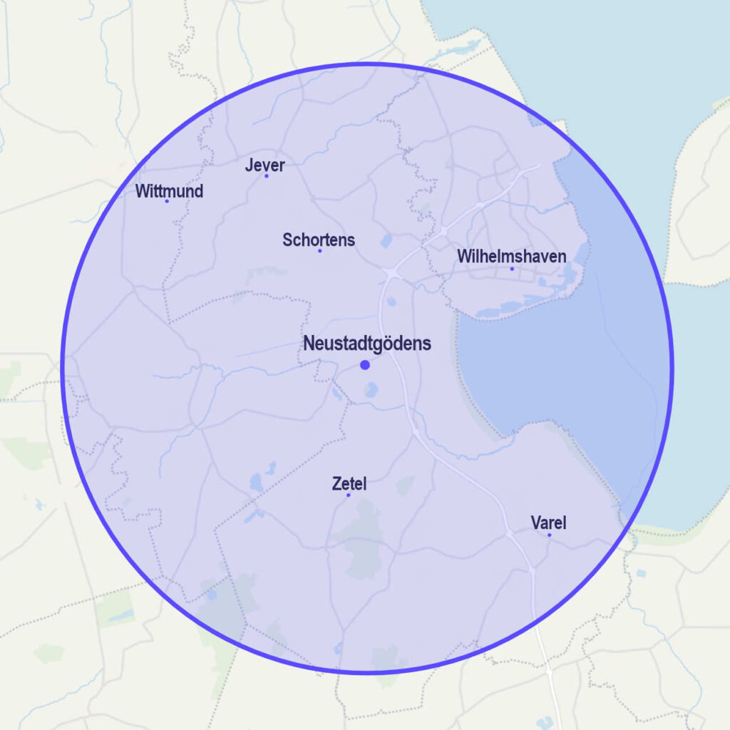 Einsatzgebiet von Dustin Siepke: Von Sande aus ca. 17 k Radius. Wilhelmshaven, Friesland, Schortens, Jever, Zetel, Varel, Wittmund.